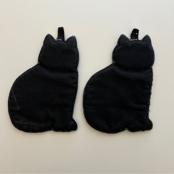 Pair vintage black cat quilted embroidered potholders linen black white - Picture 5 of 5